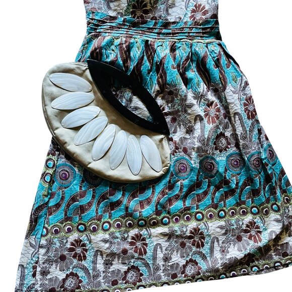 Vintage White, Black, Turquoise + Gold Sparkle Boho Dress Cottagecore Whimsy - Picture 7 of 12